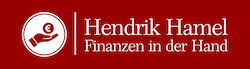 Logo von Hendrik Hamel mit rotem Hintergrund, einer stilisierten Hand mit Euro-Münze und dem Schriftzug "Hendrik Hamel – Finanzen in der Hand"