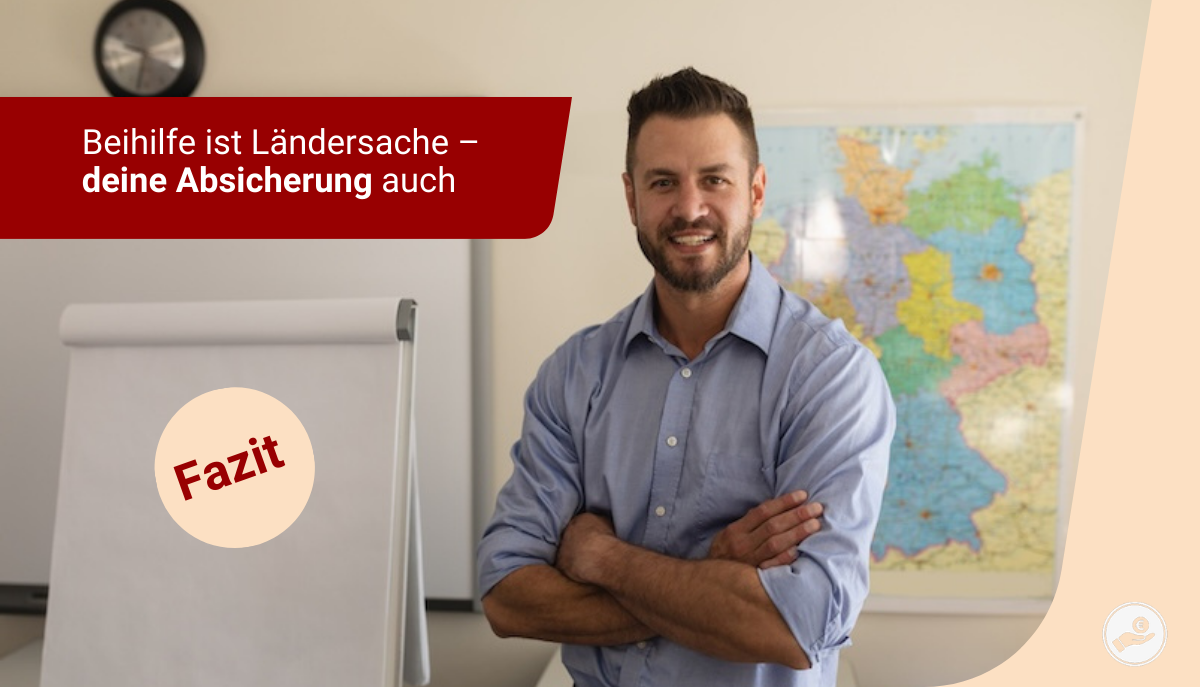 Lehrer vor Deutschlandkarte mit Hinweis, dass die Beihilfe für Lehrer je nach Bundesland unterschiedlich geregelt ist.