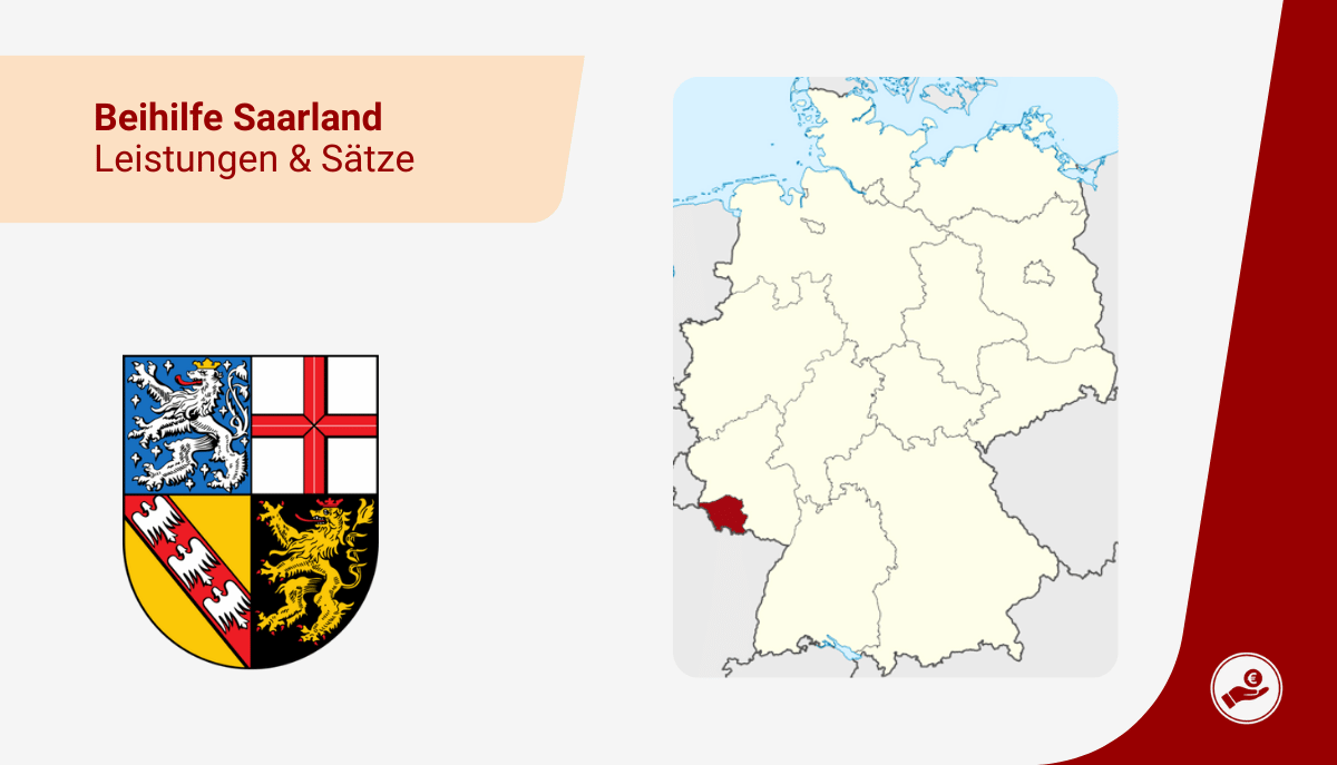 Karte von Deutschland mit markiertem Bundesland Saarland zur Beihilfe 2026 für Beamte und Lehrer.