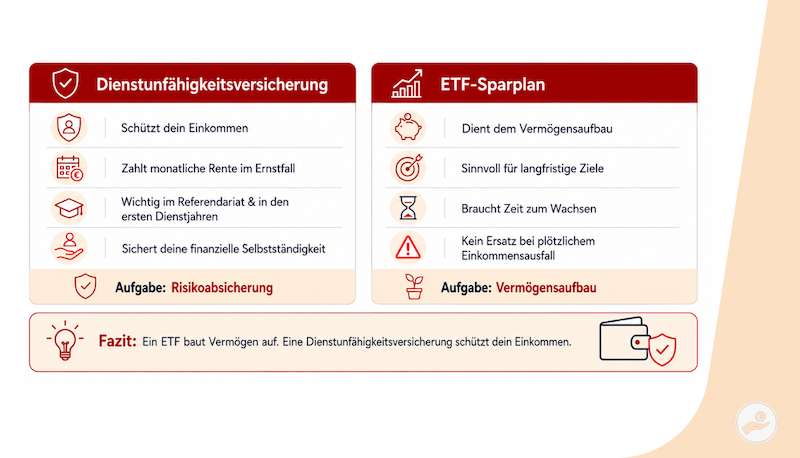 Infografik vergleicht Dienstunfähigkeitsversicherung und ETF-Sparplan als Einkommensschutz und Vermögensaufbau für Lehrer:innen.