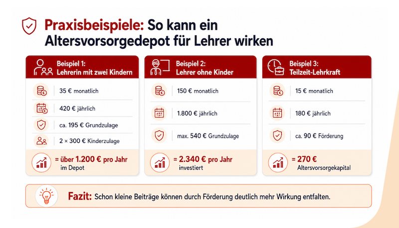 Infografik mit Praxisbeispielen zur Förderung eines Altersvorsorgedepots für Lehrer mit Kindern, ohne Kinder und in Teilzeit.