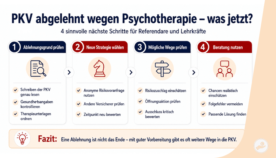 Infografik zeigt vier nächste Schritte, wenn die PKV wegen Psychotherapie abgelehnt wurde.