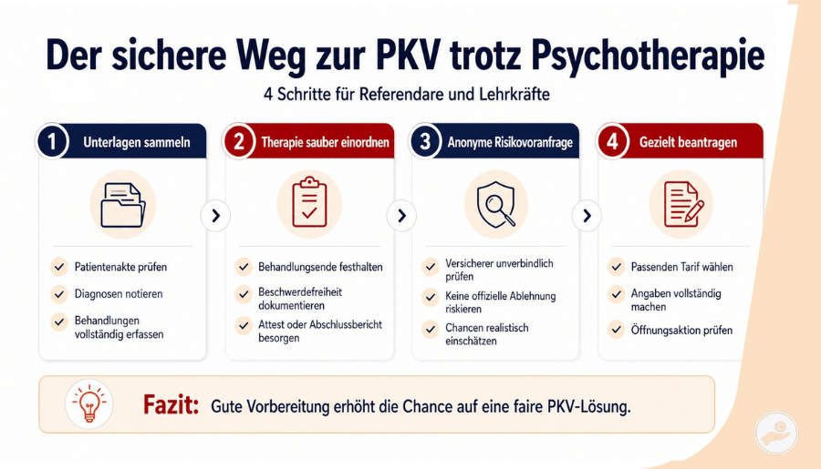 Infografik zeigt vier Schritte zur PKV trotz Psychotherapie: Unterlagen sammeln, Therapie einordnen, anonyme Risikovoranfrage und gezielter Antrag.