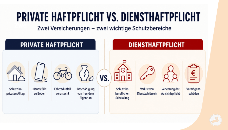 Infografik vergleicht private Haftpflicht und Diensthaftpflicht für Lehrer mit Beispielen aus Alltag und Schuldienst.