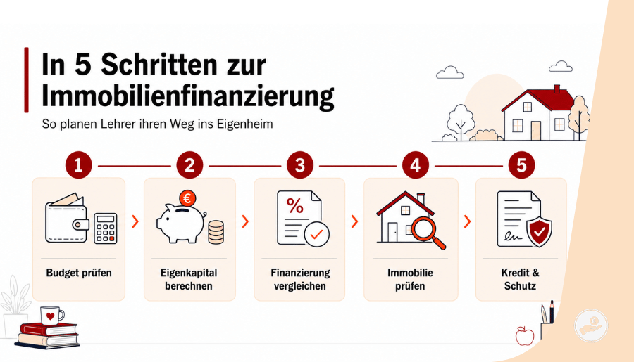 Fünf Schritte zur Immobilienfinanzierung für Lehrer: Budget prüfen, Eigenkapital berechnen, Finanzierung vergleichen, Immobilie prüfen und Kredit absichern.