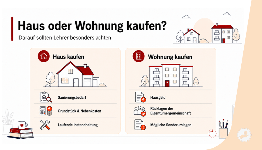 Vergleich für Lehrer beim Haus- oder Wohnungskauf mit Sanierungsbedarf, Nebenkosten, Instandhaltung, Hausgeld, Rücklagen und Sonderumlagen.