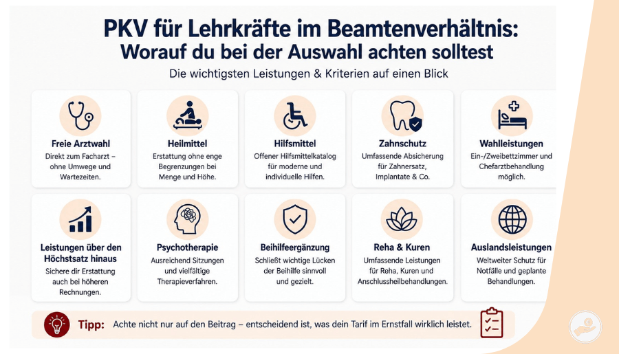 Infografik zeigt wichtige Auswahlkriterien für die PKV von Lehrkräften im Beamtenverhältnis wie Arztwahl, Zahnschutz, Psychotherapie und Beihilfeergänzung.