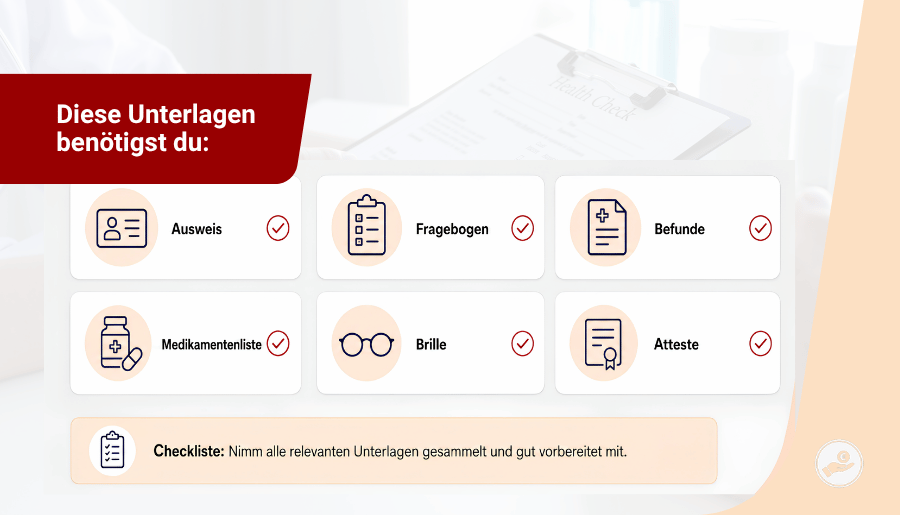 Checkliste mit wichtigen Unterlagen für die amtsärztliche Untersuchung von Lehrern wie Ausweis, Fragebogen, Befunde, Medikamentenliste, Brille und Atteste.