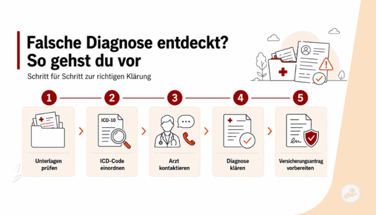 Fünf Schritte bei einer falschen Diagnose in der Patientenakte: Unterlagen prüfen, ICD-Code einordnen, Arzt kontaktieren, Diagnose klären und Versicherungsantrag vorbereiten.