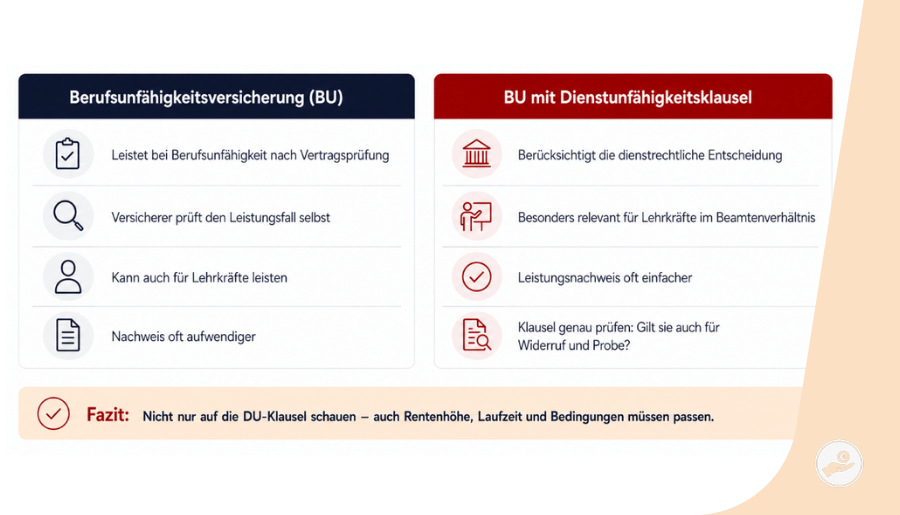 Vergleichsgrafik erklärt den Unterschied zwischen normaler Berufsunfähigkeitsversicherung und BU mit Dienstunfähigkeitsklausel für Lehrkräfte.