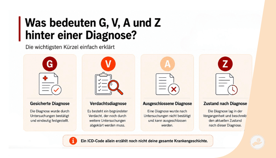 Bedeutung der ICD-Zusatzkennzeichen G, V, A und Z: gesicherte Diagnose, Verdachtsdiagnose, ausgeschlossene Diagnose und Zustand nach Diagnose.