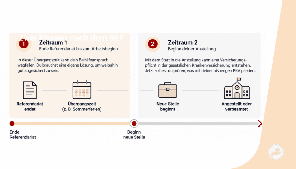 Infografik zeigt zwei Phasen nach dem Referendariat: Übergangszeit bis zum Arbeitsbeginn und Beginn der neuen Stelle.